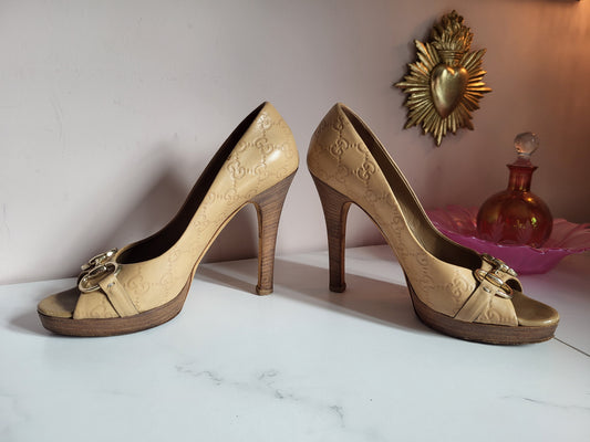 Gucci Tan Peep Toe Platform Heels