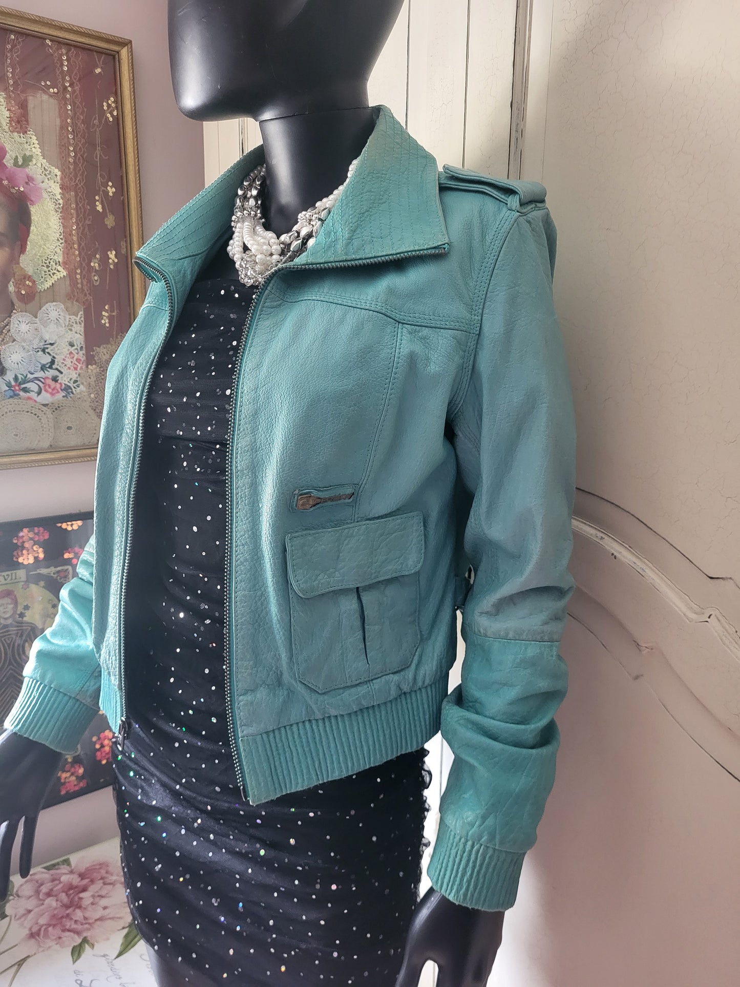 Vintage Superdry Aquamarine Leather Jacket