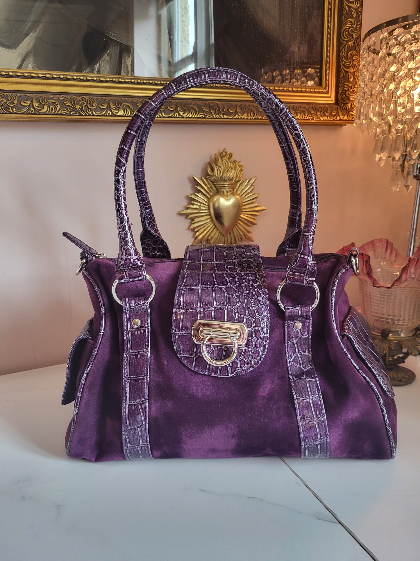 Midnight Purple Velour Tote Bag with Faux Croc Detailing