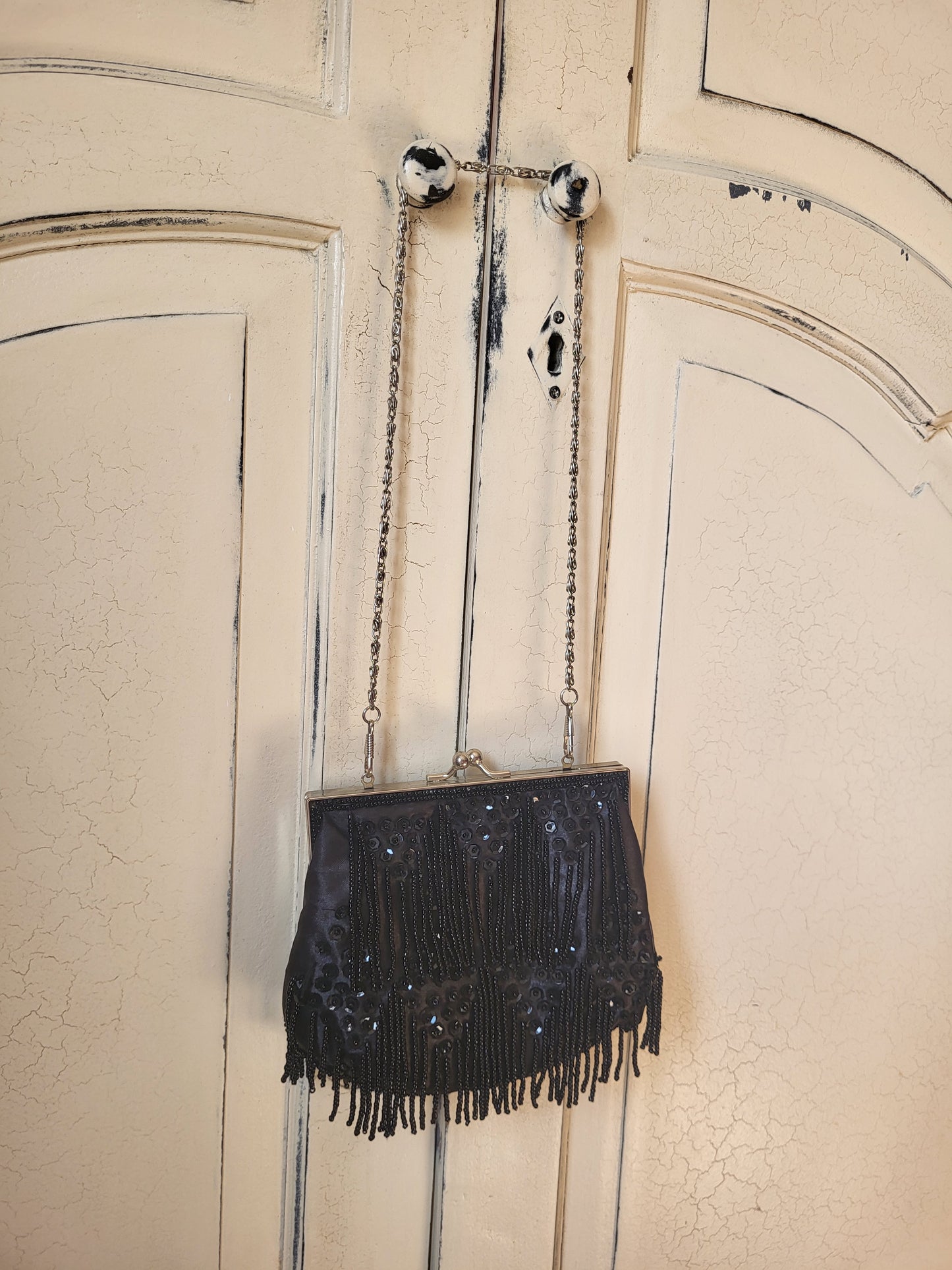 Black Beaded & Sequin Evening Bag - Chain Strap