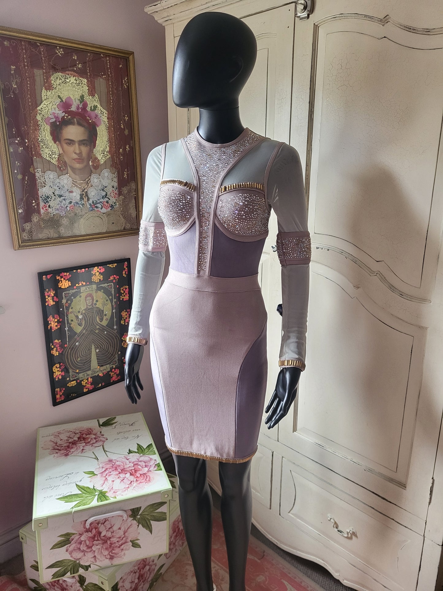 Mesh and Faux Diamante Bandage Dress