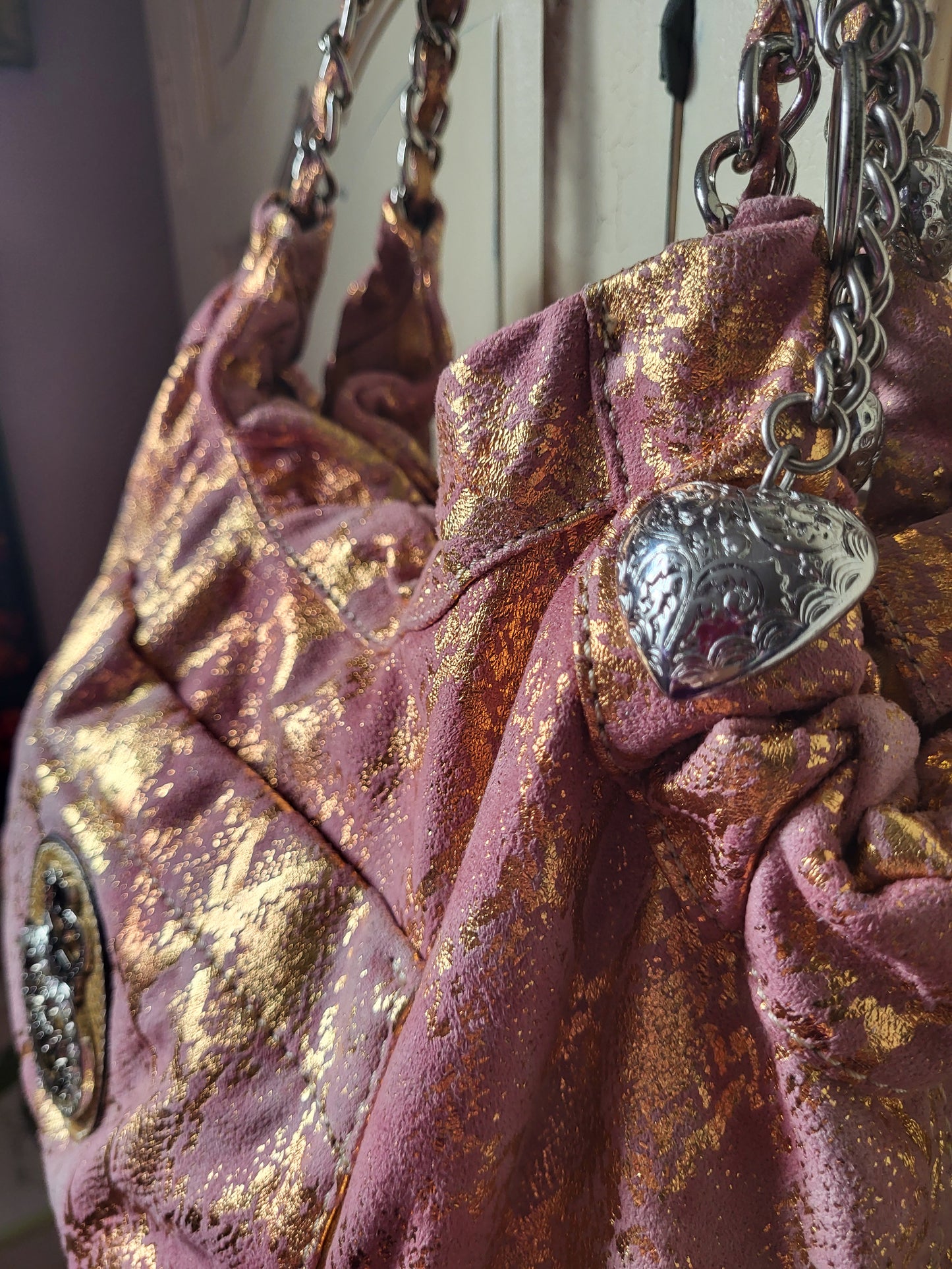 Kathy Van Zeeland Pink and Gold Hobo Slouch Bag