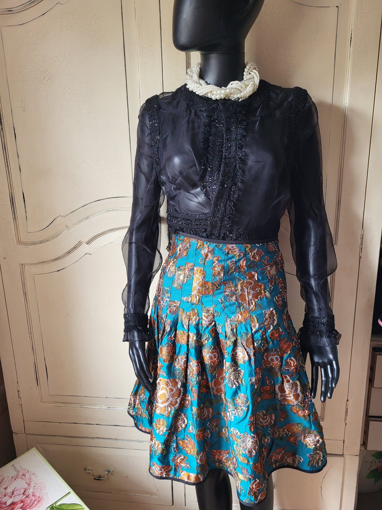 Vintage Silk Teal and Gold Brocade Skirt