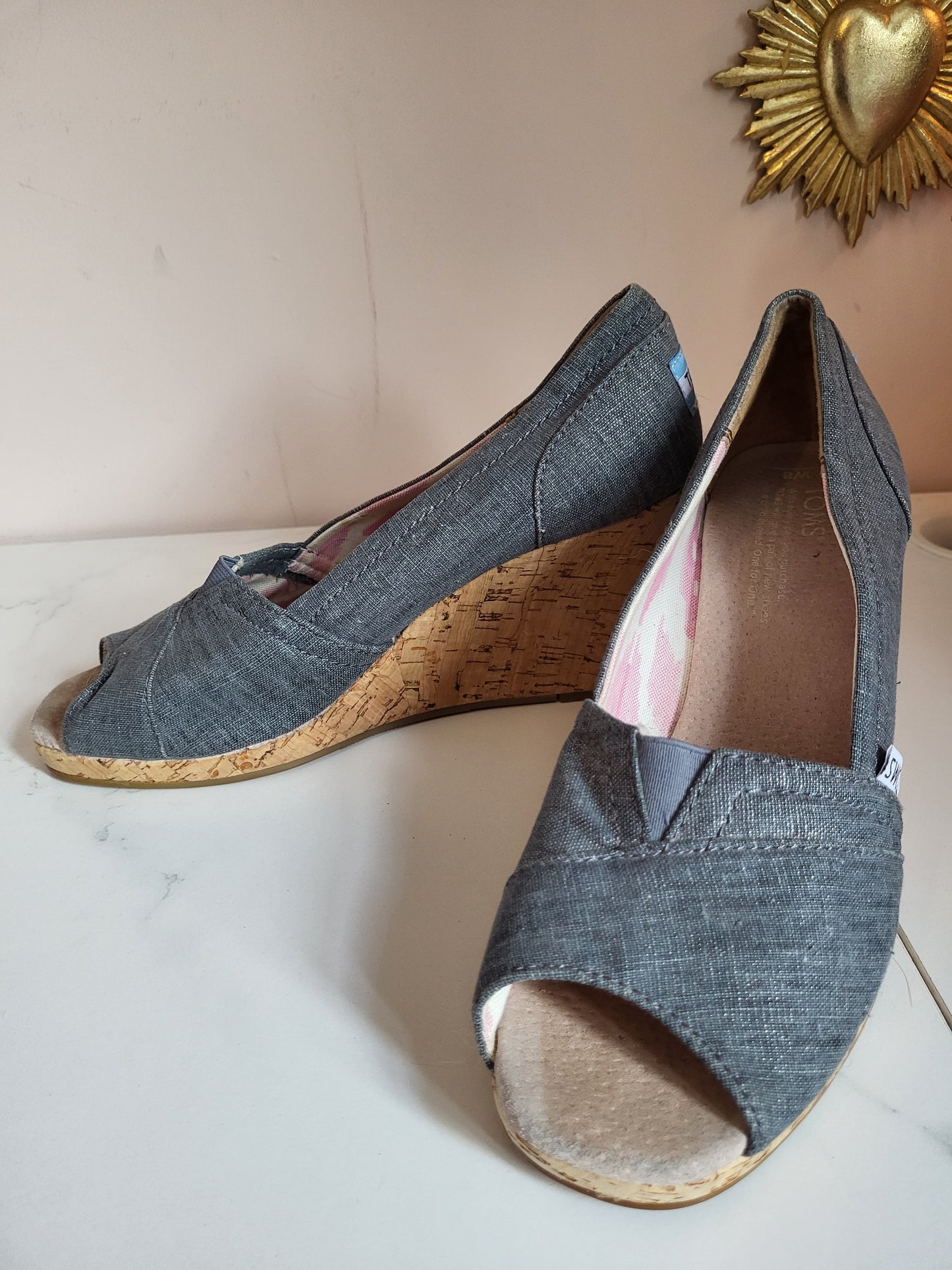TOMS Grey Canvas Peep Toe Wedges