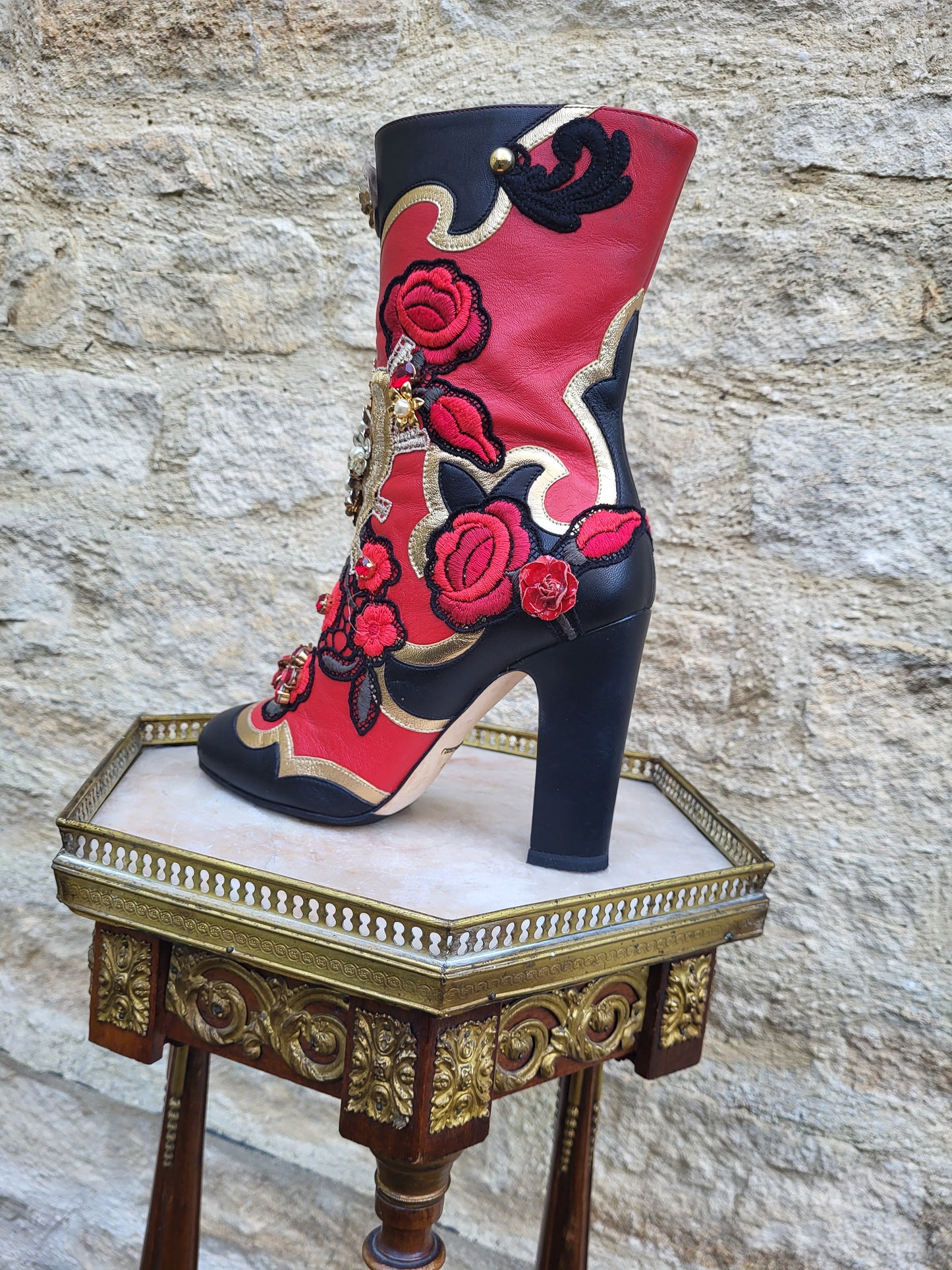Dolce & Gabbana Baroque Embellished Red Leather Boots